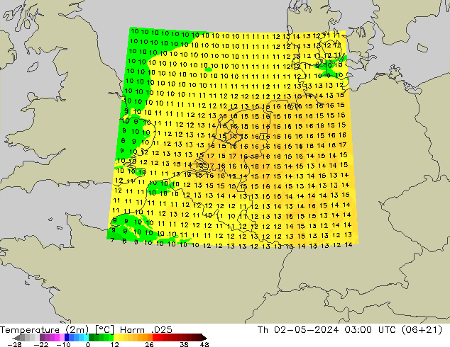 Temperatura (2m) Harm .025 gio 02.05.2024 03 UTC