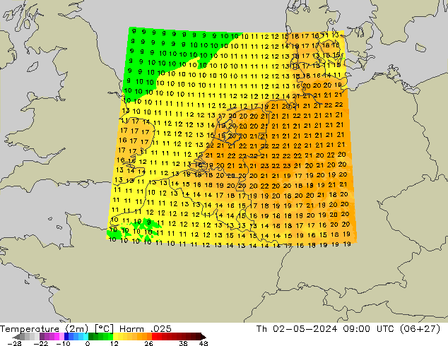 Temperature (2m) Harm .025 Čt 02.05.2024 09 UTC