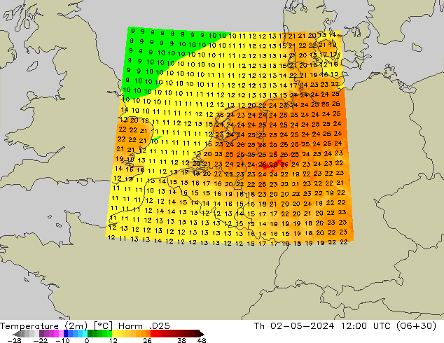 Temperatuurkaart (2m) Harm .025 do 02.05.2024 12 UTC