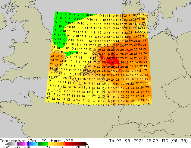 Temperature (2m) Harm .025 Čt 02.05.2024 15 UTC