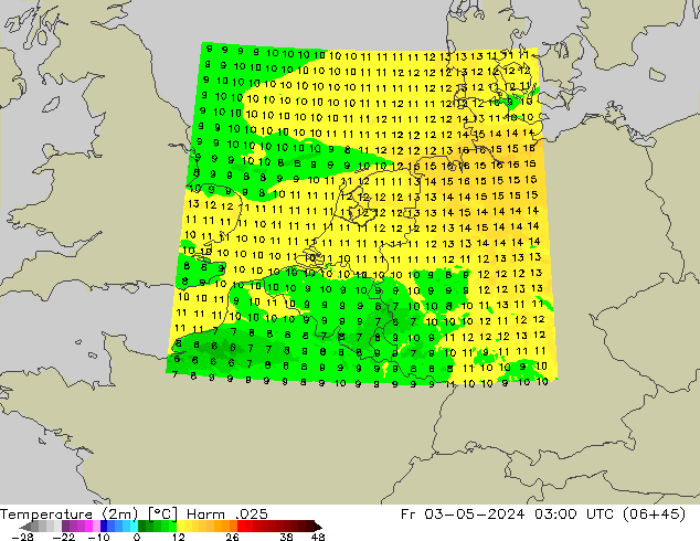 Temperatura (2m) Harm .025 vie 03.05.2024 03 UTC