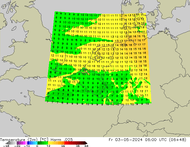 Temperatuurkaart (2m) Harm .025 vr 03.05.2024 06 UTC