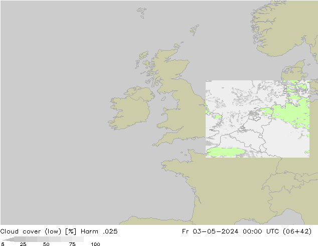 Cloud cover (low) Harm .025 Fr 03.05.2024 00 UTC