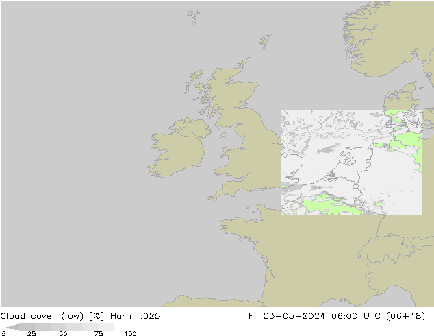 Cloud cover (low) Harm .025 Fr 03.05.2024 06 UTC