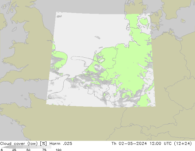 Cloud cover (low) Harm .025 Th 02.05.2024 12 UTC