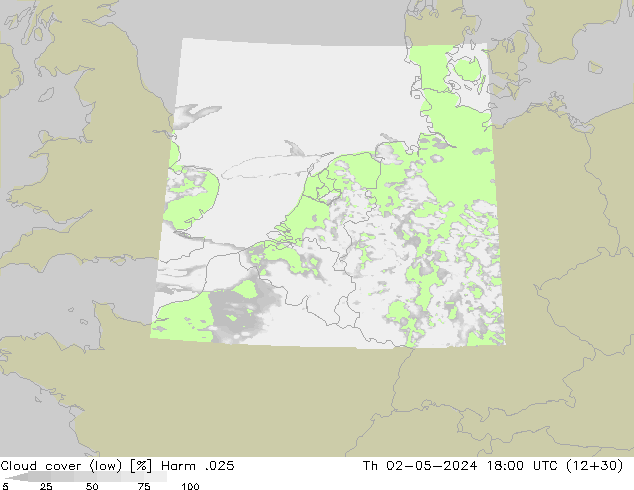 Cloud cover (low) Harm .025 Th 02.05.2024 18 UTC