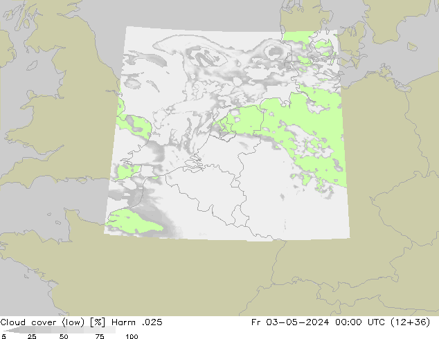 Cloud cover (low) Harm .025 Fr 03.05.2024 00 UTC