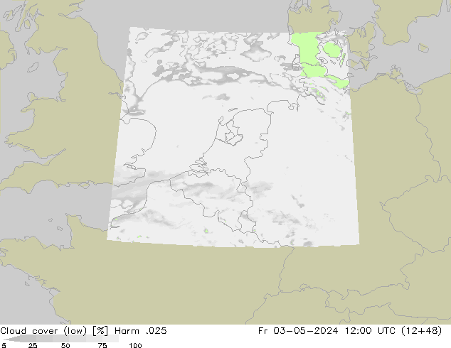 Cloud cover (low) Harm .025 Fr 03.05.2024 12 UTC