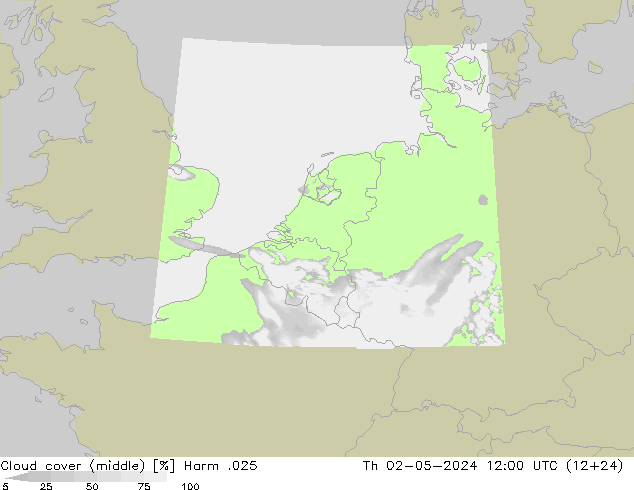 Cloud cover (middle) Harm .025 Th 02.05.2024 12 UTC
