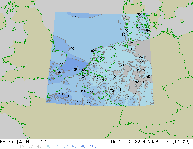 Humidité rel. 2m Harm .025 jeu 02.05.2024 08 UTC