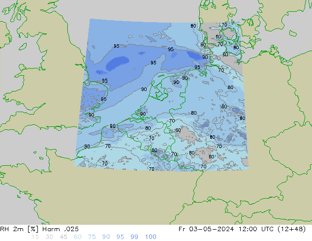 Humedad rel. 2m Harm .025 vie 03.05.2024 12 UTC