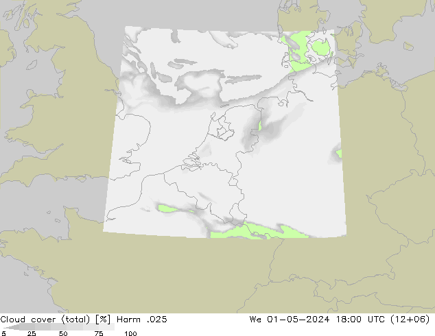 Cloud cover (total) Harm .025 We 01.05.2024 18 UTC