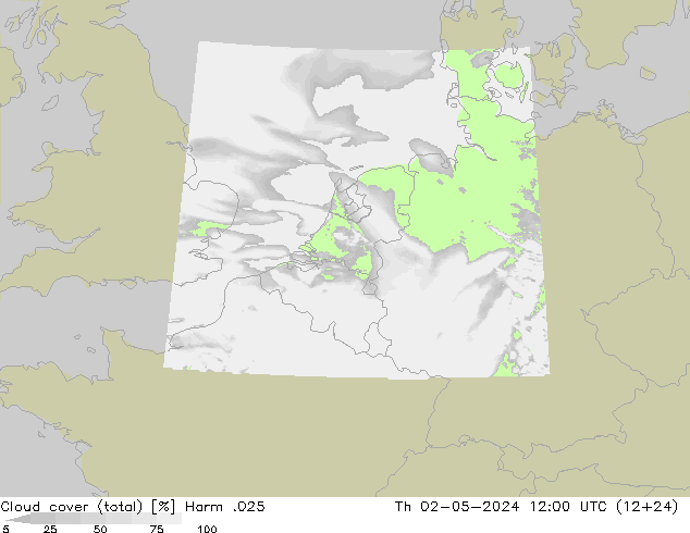 Cloud cover (total) Harm .025 Čt 02.05.2024 12 UTC