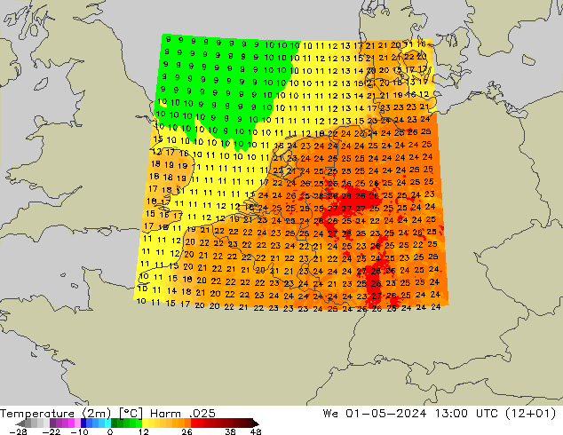 Temperaturkarte (2m) Harm .025 Mi 01.05.2024 13 UTC