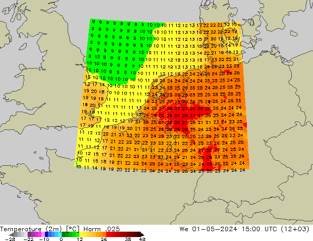 Temperatuurkaart (2m) Harm .025 wo 01.05.2024 15 UTC