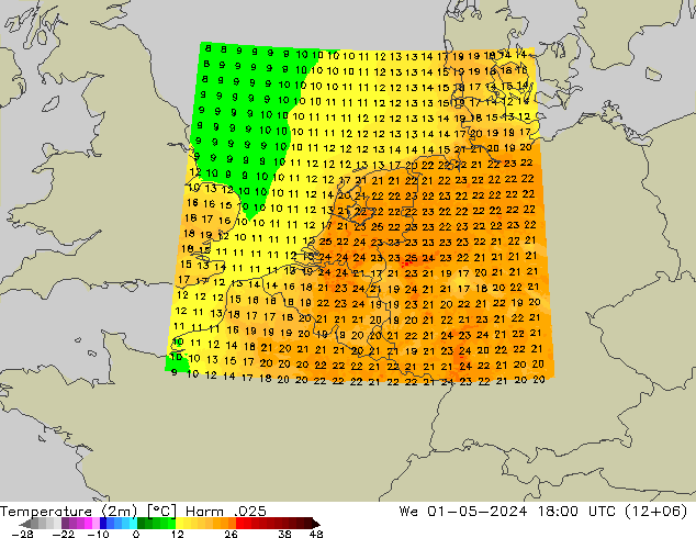 Temperatura (2m) Harm .025 mié 01.05.2024 18 UTC