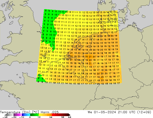 Temperatura (2m) Harm .025 mié 01.05.2024 21 UTC