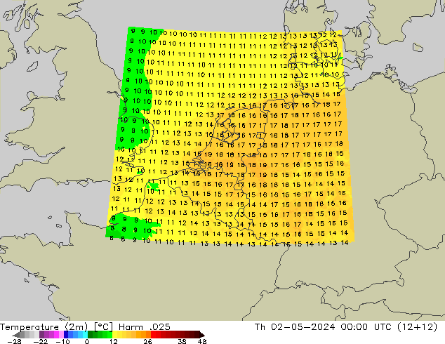 mapa temperatury (2m) Harm .025 czw. 02.05.2024 00 UTC