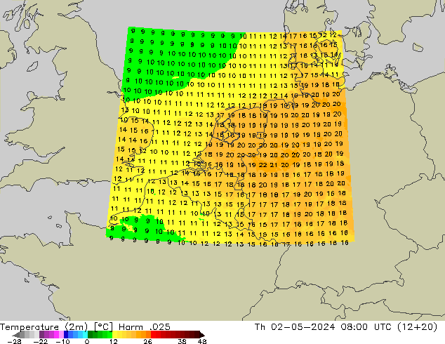 Temperaturkarte (2m) Harm .025 Do 02.05.2024 08 UTC