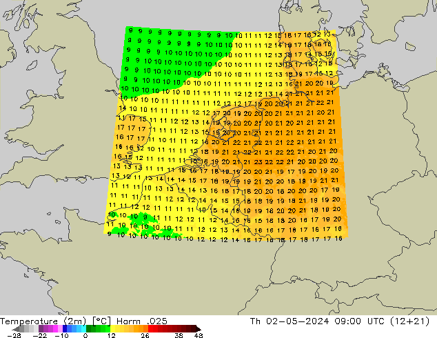 Temperatuurkaart (2m) Harm .025 do 02.05.2024 09 UTC