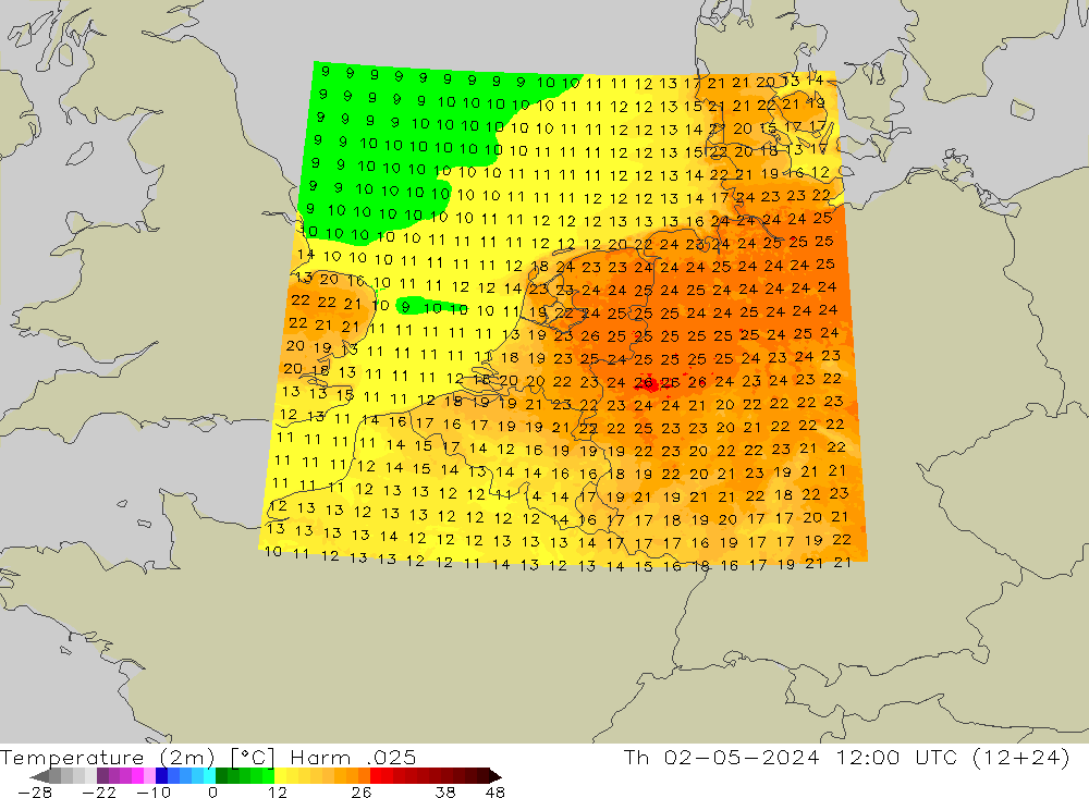 Temperature (2m) Harm .025 Th 02.05.2024 12 UTC