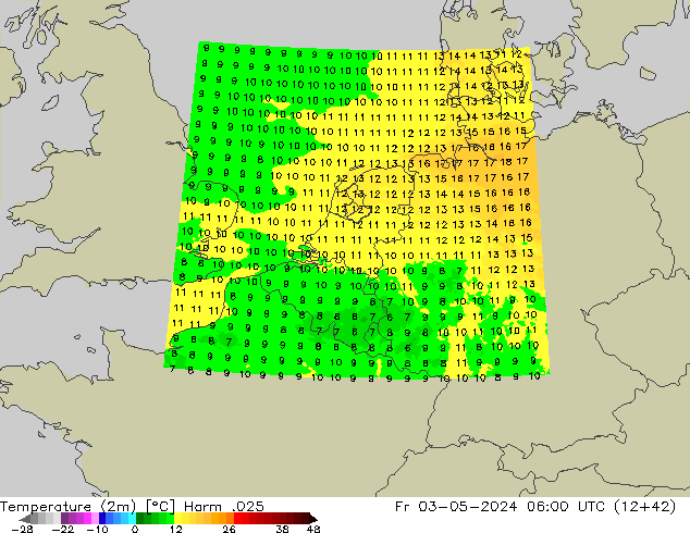 Temperature (2m) Harm .025 Fr 03.05.2024 06 UTC