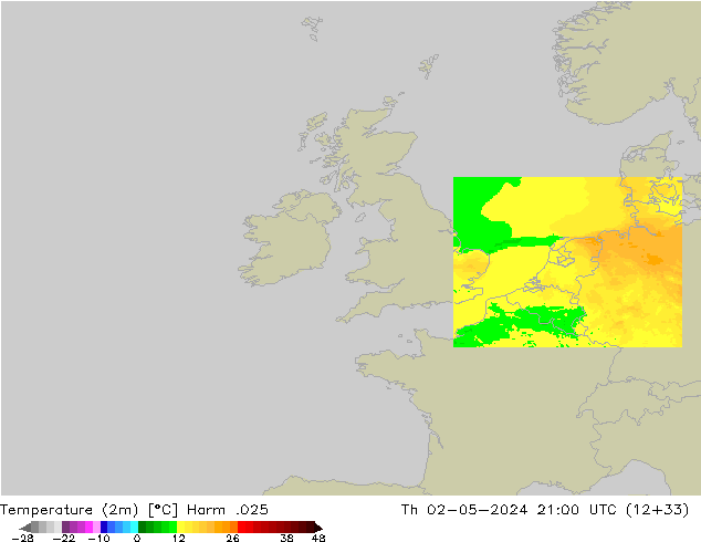 Temperatuurkaart (2m) Harm .025 do 02.05.2024 21 UTC