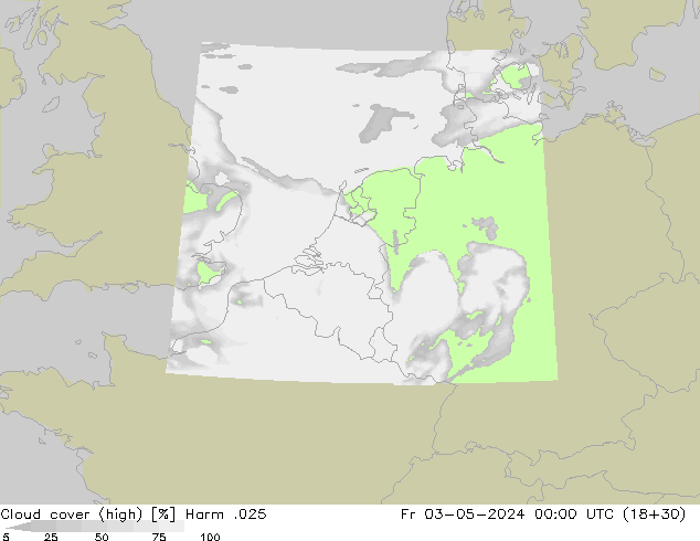 Cloud cover (high) Harm .025 Fr 03.05.2024 00 UTC