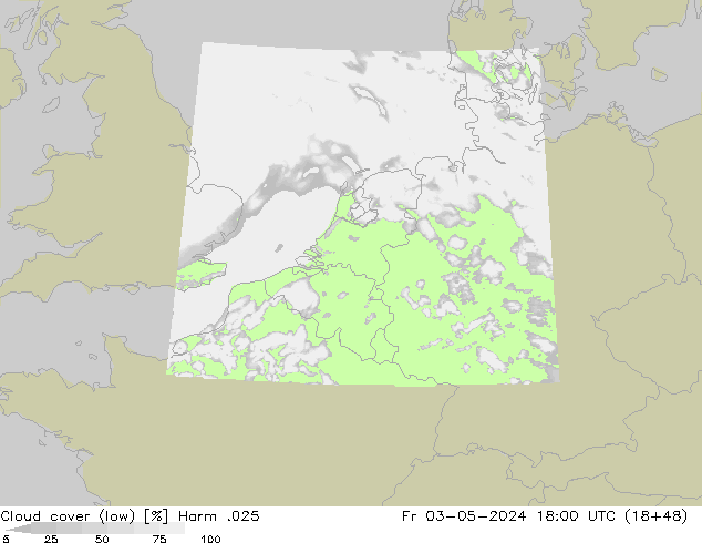 Cloud cover (low) Harm .025 Fr 03.05.2024 18 UTC