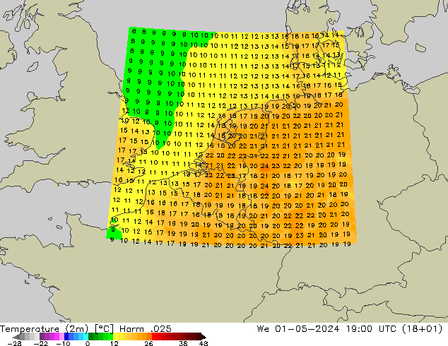 Temperatura (2m) Harm .025 Qua 01.05.2024 19 UTC