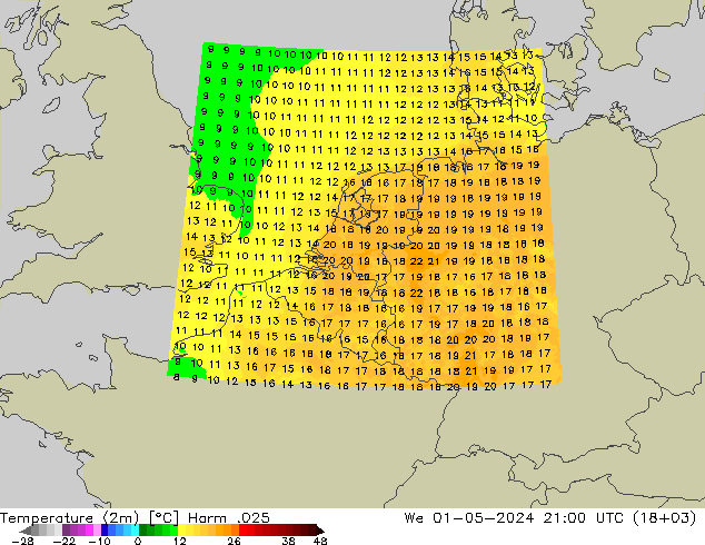 Temperatura (2m) Harm .025 mié 01.05.2024 21 UTC