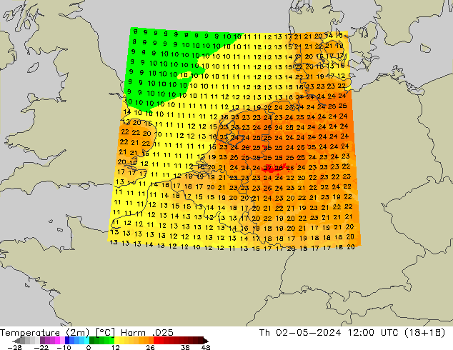 Temperature (2m) Harm .025 Th 02.05.2024 12 UTC