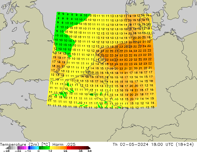 Temperatura (2m) Harm .025 jue 02.05.2024 18 UTC
