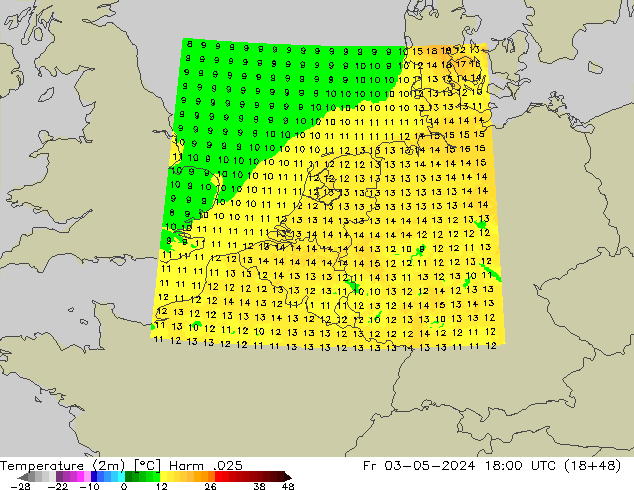 Temperaturkarte (2m) Harm .025 Fr 03.05.2024 18 UTC