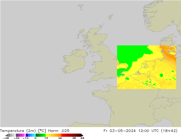 Temperatuurkaart (2m) Harm .025 vr 03.05.2024 12 UTC