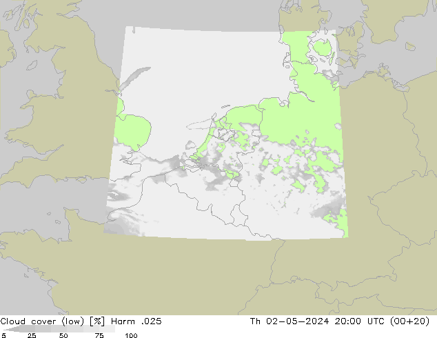 Cloud cover (low) Harm .025 Th 02.05.2024 20 UTC