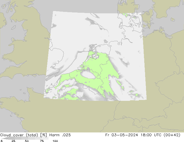 Cloud cover (total) Harm .025 Pá 03.05.2024 18 UTC