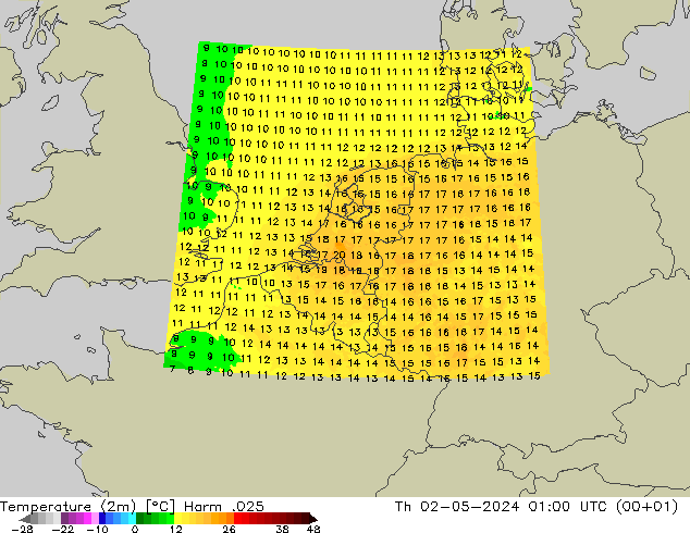 mapa temperatury (2m) Harm .025 czw. 02.05.2024 01 UTC