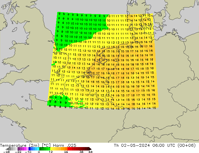 Temperatuurkaart (2m) Harm .025 do 02.05.2024 06 UTC