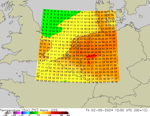 Temperaturkarte (2m) Harm .025 Do 02.05.2024 12 UTC