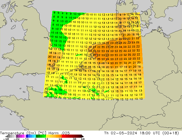 Temperatuurkaart (2m) Harm .025 do 02.05.2024 18 UTC