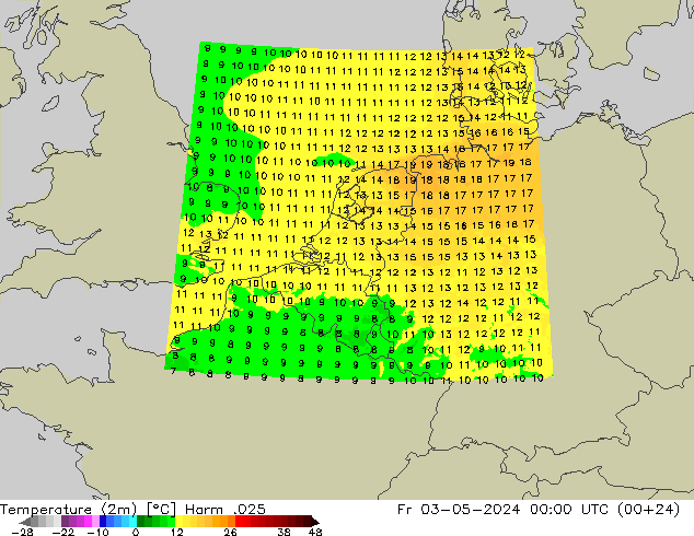 Temperatuurkaart (2m) Harm .025 vr 03.05.2024 00 UTC