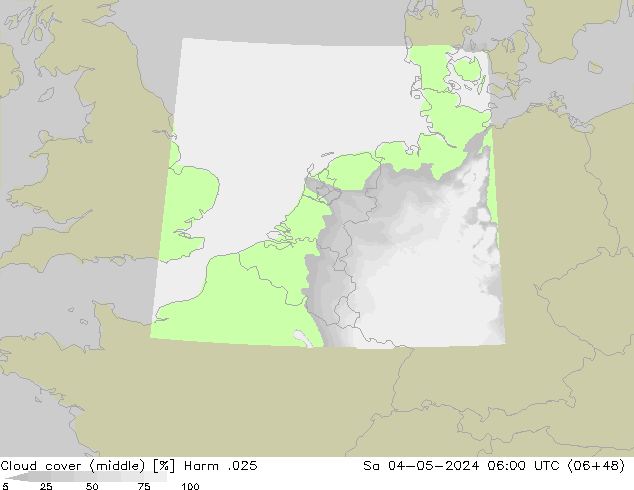 Cloud cover (middle) Harm .025 Sa 04.05.2024 06 UTC