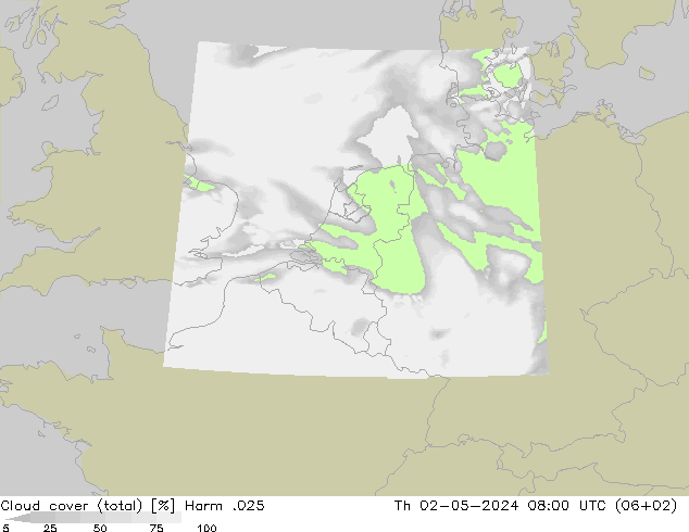 Cloud cover (total) Harm .025 Th 02.05.2024 08 UTC