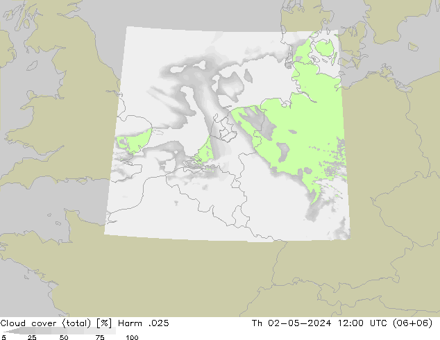 Cloud cover (total) Harm .025 Čt 02.05.2024 12 UTC