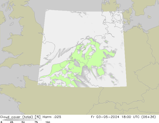 Cloud cover (total) Harm .025 Fr 03.05.2024 18 UTC
