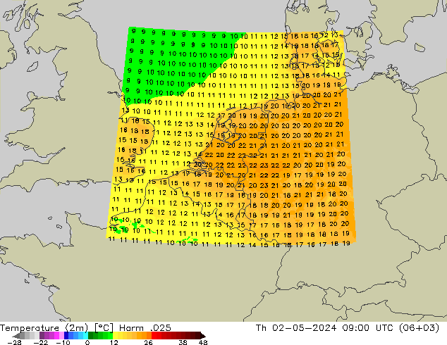 Temperatura (2m) Harm .025 jue 02.05.2024 09 UTC