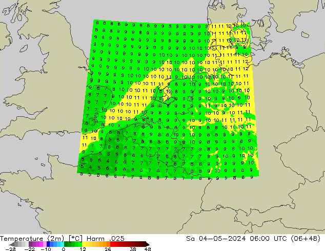 Temperaturkarte (2m) Harm .025 Sa 04.05.2024 06 UTC