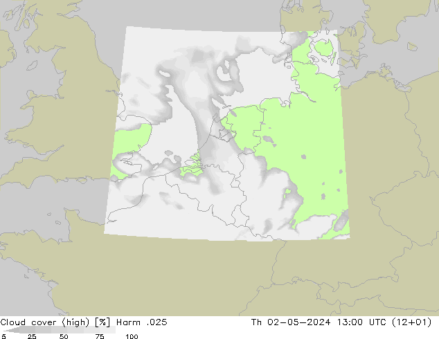 Cloud cover (high) Harm .025 Th 02.05.2024 13 UTC