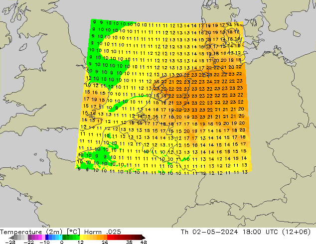 Temperature (2m) Harm .025 Čt 02.05.2024 18 UTC